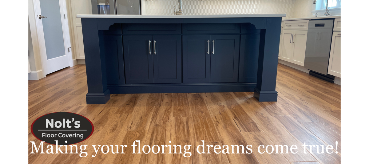 Beautiful Blue Hardwood Cabinets on a Wood-Look, Light Coloured Luxury Vinyl Plank Floor (Kitchen)